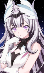 1girl absurdres arm_under_breasts black_choker black_hair breasts choker cleavage cleavage_cutout closed_mouth clothing_cutout dress elbow_gloves feather_dress feather_hair_ornament feathers fire_emblem fire_emblem_engage gloves grey_hair hair_ornament highres long_hair looking_at_viewer multicolored_hair n_54 nintendo petite purple_eyes small_breasts solo split-color_hair two-tone_hair upper_body very_long_hair veyle_(fire_emblem) wavy_hair white_gloves wing_hair_ornament