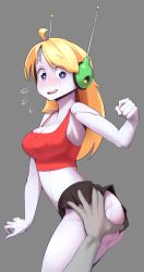 1girl ahoge ass ass_grab blonde_hair blue_eyes blush breasts cleavage curly_brace doukutsu_monogatari embarrassed long_hair nickleflick robot robot_girl simple_background