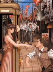 1girl 6+boys aqua_collar aqua_shirt aqua_sleeves blue_sky breast_pocket brown_hair brown_necktie brown_pants brown_vest buttons cable character_request chasing chinese_text collar collarbone commentary_request dirt_road dress dress_pants dress_shirt facing_to_the_side flag hair_slicked_back holding_baton_(weapon) korean_commentary lamppost long_hair looking_at_another multiple_boys myth_of_ambition necktie official_art open_mind_world pants partially_unbuttoned pink_dress pocket profile red_flag road running second-party_source shadow shirt short_hair sign sky sleeves_rolled_up suitcase thick_eyebrows town undershirt vest white_collar white_shirt white_sleeves white_undershirt wing_collar yoon_byeong-cheol