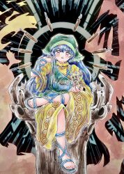 Rule 34 | 2girls, apron, blonde hair, blue hair, blush stickers, chisel, double bun, dress, figure four sitting, fingernails, flower, full body, green apron, green headscarf, green headwear, hair bun, hand in own hair, hand up, haniyasushin keiki, headscarf, highres, jewelry, joutouguu mayumi, kazamichisha, long hair, looking at viewer, magatama, magatama necklace, mini person, minigirl, multiple girls, necklace, open mouth, parted lips, red eyes, sandals, short sleeves, sitting, toenails, toes, tools, touhou, white flower, wide sleeves, yellow dress