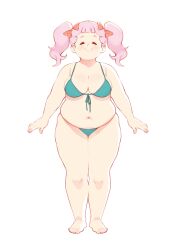 Rule 34 | 1girl, absurdres, bikini, bow, breasts, closed eyes, closed mouth, cloudxmoe, fat, fat woman, green bikini, highres, jasminka antonenko, large breasts, little witch academia, pink hair, simple background, smile, standing, swimsuit, thick thighs, thighs, twintails, white background