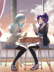 2girls absurdres asahina_mafuyu black_cardigan blue_hair brown_cardigan cardigan chair closed_eyes cloud commentary_request desk gradient_sky grey_shirt grey_skirt hair_over_one_eye highres hinomori_shizuku holding_sewing_needle indoors leaning_forward multiple_girls neckerchief open_mouth orange_sky pantyhose pleated_skirt ponytail project_sekai purple_hair purple_sky red_neckerchief sailor_collar school_chair school_desk shirt shoes skirt sky smile wanderlands_k white_sailor_collar white_shoes
