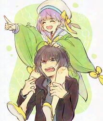 1boy 1girl beret blue_eyes carrying closed_eyes fate/grand_order fate_(series) grey_hair hat highres hood hooded_jacket jacket kazuradrop_(fate) kazuradrop_(first_ascension)_(fate) manaka_(rkgkmanax) oberon_(fate) oberon_(moody_summer_oberon)_(fate) pointing pointing_forward purple_hair shoulder_carry twitter_username wide_sleeves