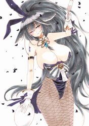 Rule 34 | 1girl, animal ears, azur lane, bare shoulders, black hair, breasts, cleavage, commentary request, cowboy shot, fake animal ears, fishnet pantyhose, fishnets, fox girl, gloves, high-waist pantyhose, high ponytail, highres, huge breasts, leotard, long hair, looking at viewer, musashi (azur lane), musashi (the purple rabbit&#039;s marksmanship) (azur lane), official alternate costume, one eye closed, pantyhose, playboy bunny, ponytail, purple leotard, simple background, solo, strapless, strapless leotard, undersized breast cup, uzuharu (uduharu), very long hair, white background, white gloves, yellow eyes