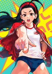 Rule 34 | 1girl, ahoge, black hair, brown eyes, capcom, forehead, gym uniform, hairband, hand on own hip, highres, iinchou (justice gakuen), jacket, jacket on shoulders, justice gakuen, long hair, looking at viewer, otsudou, pointing, thighs, track jacket
