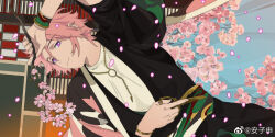 1boy anzishen bracelet cherry_blossoms ensemble_stars! highres jewelry lying necklace oukawa_kohaku pink_hair purple_eyes ring scissors shirt smile solo white_shirt