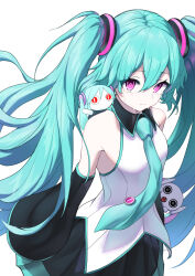 Rule 34 | 1girl, 2others, aimaina, aqua hair, aqua necktie, armpit crease, bare shoulders, black collar, black detached sleeves, black skirt, closed mouth, collar, cowboy shot, crying, detached sleeves, doushite-chan, dress, ecoheeky kimos, hatsune miku, long hair, looking at viewer, multiple others, necktie, pleated skirt, purple eyes, shirt, simple background, skirt, standing, tears, twintails, very long hair, vocaloid, white background, white shirt