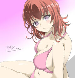 1girl alternate_costume arashi_(kancolle) artist_logo bikini breasts cleavage commentary_request dated feet_out_of_frame gakky highres kantai_collection logo medium_breasts one-hour_drawing_challenge pink_background pink_bikini purple_eyes red_hair sitting solo swimsuit