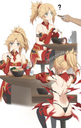 1girl absurdres areola_slip ass back bare_shoulders black_thighhighs blonde_hair blush braid breasts collarbone detached_collar detached_sleeves exploding_clothes fate/apocrypha fate_(series) green_eyes hair_ornament hair_scrunchie highres long_hair mordred_(fate) mordred_(fate/apocrypha) multiple_views panties ponytail red_scrunchie scrunchie sidelocks sitting small_breasts thighhighs tonee translated underwear