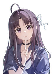 1girl absurdres ahoge awa_subaru black_choker black_hair black_nails black_sailor_collar black_shirt choker commentary cyrilcyclone girls_band_cry hair_intakes hair_ribbon highres index_finger_raised long_hair nail_polish neckerchief open_mouth parted_bangs purple_eyes ribbon sailor_collar school_uniform serafuku shirt simple_background solo teeth upper_body upper_teeth_only white_background white_neckerchief white_ribbon
