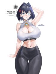 armpits blue_eyes breasts cleavage_cutout clothing_cutout gluteal_fold highres hololive hololive_english igiroitsu large_breasts ouro_kronii pants sports_bra thigh_gap virtual_youtuber yoga_pants