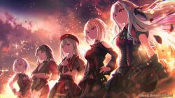 5girls :3 amoris_(bang_dream!) ascot ave_mujica_(bang_dream!) bang_dream! bang_dream!_it&#039;s_mygo!!!!! beret berryverrine black_ascot black_capelet black_corset black_dress black_gloves black_hair black_pantyhose black_ribbon black_skirt black_vest blue_eyes blue_hair capelet closed_mouth clothing_cutout commentary_request corset crossed_arms doloris_(bang_dream!) dress earrings floating_hair gloves green_hair guest_art hair_ribbon hand_on_own_hip hat highres jewelry long_hair long_sleeves medium_hair misumi_uika mortis_(bang_dream!) mortis_(costume)_(bang_dream!) multiple_girls oblivionis_(bang_dream!) official_art open_mouth pantyhose pantyhose_under_shorts pink_eyes purple_hair red_capelet red_hat red_shirt red_shorts ribbon shirt short_hair shorts shorts_under_skirt shoulder_cutout sidelocks skirt timoris_(bang_dream!) togawa_sakiko vest wakaba_mutsumi white_ascot yahata_umiri yellow_eyes yuutenji_nyamu