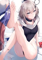 1girl american_flag american_flag_print american_flag_skirt asymmetrical_gloves barefoot black_one-piece_swimsuit blue_gloves breasts denim denim_skirt feet flag_print gloves grey_eyes grey_hair hachiware_(8ware63) headgear highleg highleg_one-piece_swimsuit highres kantai_collection long_hair looking_at_viewer one-piece_swimsuit partially_fingerless_gloves print_skirt red_gloves scarf simple_background skirt small_breasts solo swimsuit two-tone_one-piece_swimsuit unworn_skirt wahoo_(kancolle) white_background white_scarf