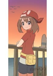1girl 67wk317 bandana bike_shorts black_shorts brown_hair closed_mouth fanny_pack gen_3_pokemon highres looking_at_viewer may_(pokemon) nintendo pokemon pokemon_(creature) pokemon_rse red_bandana red_shirt shirt short_hair short_sleeves shorts smile sunset twitter_username wingull