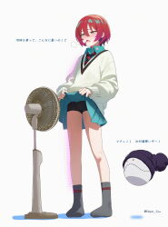 1girl absurdres amate_yuzuriha aqua_eyes aqua_shirt aqua_skirt black_necktie black_socks blush clothes_lift collared_shirt commentary_request edgar_syu electric_fan fanning_crotch green_hair gundam gundam_gquuuuuux hair_between_eyes highres long_sleeves multicolored_hair necktie open_mouth red_hair red_necktie school_uniform shirt short_hair short_shorts shorts shorts_under_skirt simple_background skirt skirt_lift socks solo standing striped_necktie sweat sweater translation_request two-tone_necktie white_background