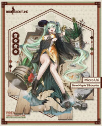 1girl @_@ ^^^ aiming aiming_at_viewer bamboo black_haori black_hat blush boots breasts broken brown_boots bullet_hole character_name cleavage commentary copyright_name english_commentary floral_print floral_print_kimono flower full_body girls&#039;_frontline green_eyes green_hair gun hair_between_eyes hair_ribbon haori hat highres holding holding_gun holding_weapon japanese_clothes kadomatsu kimono lace-up_boots large_breasts long_hair long_sleeves looking_at_viewer lying micro_uzi micro_uzi_(girls&#039;_frontline) micro_uzi_(new_maple_silhouette)_(girls&#039;_frontline) no_socks obi official_alternate_costume official_art on_back on_floor open_mouth print_kimono red_flower red_ribbon renlili ribbon rubble sash scarf second-party_source smoke solo torn_clothes torn_kimono translation_request trembling twintails unworn_hat unworn_headwear v-shaped_eyebrows very_long_hair weapon white_scarf wooden_floor yellow_kimono yellow_sash