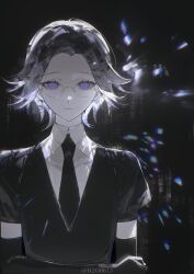 Rule 34 | 1boy, absurdres, alternate universe, aotsuki eito, black background, black gloves, black necktie, cathon613, chinese commentary, crystal hair, elbow gloves, gem uniform (houseki no kuni), glasses, gloves, grey hair, hand on own arm, highres, houseki no kuni, looking at viewer, male focus, necktie, purple eyes, shirt, short hair, solo, straight-on, the hundred line -last defense academy-, twitter username, upper body, white shirt