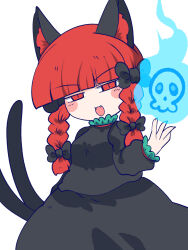 1girl :d animal_ears black_bow black_dress blunt_bangs bow braid cat_ears cat_girl cat_tail chahan_(fried_rice0614) commentary dress fangs hair_bow half-closed_eyes highres hitodama kaenbyou_rin long_hair long_sleeves looking_at_viewer multiple_tails open_mouth red_eyes red_hair side_braids simple_background skull smile solo tail touhou twin_braids two_tails white_background