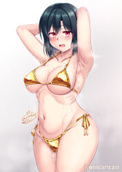 1girl armpits arms_behind_head bikini blush breasts cameltoe embarrassed eyebrows_hidden_by_hair fang gold_bikini green_hair hair_between_eyes highres large_breasts lips looking_at_viewer love_live! love_live!_nijigasaki_high_school_idol_club mifune_shioriko navel open_mouth red_eyes short_hair signature simple_background smell solo steaming_body stomach sweat swimsuit windart