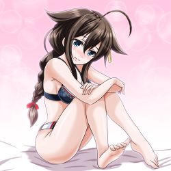 10s 1girl ahoge bad_feet barefoot blue_eyes bow bra braid breasts brown_hair eyelashes female_focus full_body hair_between_eyes hair_flaps head_tilt highres kantai_collection knees_to_chest long_hair panties pink_background red_bow red_ribbon revision ribbon shigure_(kancolle) shigure_kai_ni_(kancolle) sideboob single_braid sitting smile soles solo tk8d32 underwear underwear_only