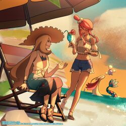 2girls beach beach_umbrella blonde_hair breasts closed_eyes crop_top cynthia_(pokemon) fur_trim gen_2_pokemon gen_3_pokemon hair_ornament hair_over_one_eye highres holding jumpluff long_hair midriff milotic multiple_girls nintendo ocean official_alternate_costume official_art open_mouth outdoors pokemon pokemon_(creature) pokemon_masters_ex red_hair shirt shorts sidelocks skirt skyla_(pokemon) smile umbrella very_long_hair water