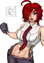 1girl breasts curvy davinotheartist female_focus formal_clothes gloves huge_breasts large_breasts leather looking_at_viewer pale_skin pants pink_eyes red_hair see-through_clothes shirt short_hair sleeveless suspenders the_king_of_fighters thick_lips vanessa_(kof) white_shirt wide_hips wiloso47
