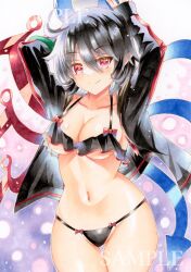 1girl absurdres arms_up asymmetrical_wings ball beachball black_hair black_shirt blue_wings breasts cleavage closed_mouth commentary_request cowboy_shot hair_between_eyes highres holding holding_ball holding_beachball houjuu_nue huyugiri_luna large_breasts looking_at_viewer marker_(medium) navel open_clothes open_shirt red_eyes red_wings sample_watermark shirt short_hair smile solo split_mouth swimsuit touhou traditional_media watermark wings