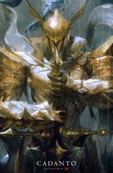 1other absurdres armor artist_name cadanto_(wuthering_waves) character_name commentary english_commentary facing_viewer greatsword helmet highres holding holding_sword holding_weapon jvn knight rain sword tacet_discord_(wuthering_waves) weapon wuthering_waves yellow_eyes