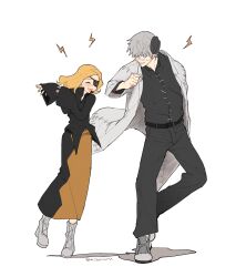 1boy 1girl ankle_boots black_pants black_shirt black_skirt blonde_hair boots closed_eyes coat collared_shirt dancing eyepatch franken_stein_(soul_eater) glasses grey_hair hands_up happy high_collar highres hissiu lab_coat long_hair long_skirt long_sleeves marie_mjolnir open_mouth pants shirt short_hair simple_background skirt sleeves_past_wrists smile soul_eater standing standing_on_one_leg white_background white_boots white_coat