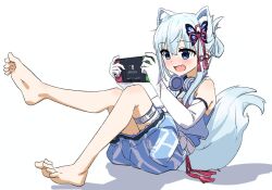 1girl animal_ears bare_shoulders blue_hair butterfly_hair_ornament folded_ponytail fox_ears fox_girl fox_sua fox_tail hair_ornament handheld_game_console headphones headphones_around_neck holding holding_handheld_game_console kitsune_ga_boku_wo_matteiru kitsune_ga_boku_wo_matteiru_hana korean_clothes nintendo_switch ryufa_(kitsune_ga_boku_wo_matteiru) tail