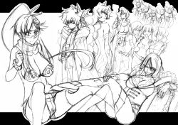 00s 6+girls adiane antispiral_nia breasts caw=zoo cleavage eyepatch greyscale highres kinon_bachika kiyal_bachika kiyoh_bachika large_breasts leite_jokin monochrome multiple_girls nia_teppelin sketch tengen_toppa_gurren_lagann thighhighs yoko_littner