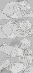 Rule 34 | 2boys, blush, closed eyes, gloves, hatake kakashi, interlocked fingers, kiss, kissing forehead, licking, long sleeves, looking to the side, male focus, mask, mouth mask, multiple boys, naruto (series), naruto shippuuden, pectorals, scar, scar on face, short hair, spiked hair, toned, toned male, uchiha obito, vosovic, yaoi