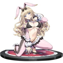 1girl animal_ears bikini black_bikini blonde_hair blue_eyes breasts casino_card_table closed_mouth collared_shrug crotchless dolphin_wave fake_animal_ears frontless_outfit game_cg hair_intakes high_heels highres kirahoshi_kanna large_breasts leggings long_hair looking_at_viewer meme_attire navel non-web_source official_alternate_costume official_art on_one_knee on_table ootomo_takuji pink_leggings pink_shrug rabbit_ears revealing_clothes reverse_bunnysuit reverse_outfit shrug_(clothing) smile solo swimsuit table transparent_background wavy_hair
