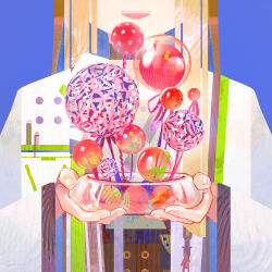 1girl absurdres arknights black_choker brown_hair choker coat eyes_out_of_frame head_out_of_frame highres holding long_hair long_sleeves lyuqiu muelsyse_(arknights) open_clothes open_mouth simple_background smile solo teeth upper_teeth_only very_long_hair white_coat