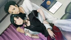 1boy 1girl adam&#039;s_apple beard_stubble belt between_legs black_belt black_hair black_ribbon black_shirt blush bracelet brown_pants chain choker coat collarbone crotch_grab crying crying_with_eyes_open dutch_angle facial_hair game_cg genderswap genderswap_(mtf) grabbing_another&#039;s_arm grabbing_from_behind grey_eyes hair_ornament hairclip hand_between_legs hetero highres huke jewelry lab_coat lapels long_sleeves lower_teeth_only messy_hair molestation non-web_source notched_lapels off-shoulder_shirt off_shoulder official_art okabe_rintarou open_mouth pants pink_eyes pink_lips puffy_short_sleeves puffy_sleeves purple_eyes red_pants red_shorts ribbon ribbon_choker ringed_eyes shirt short_hair short_sleeves shorts skull_hair_ornament square_pupils steins;gate stubble surprised t-shirt tank_top tearing_up tears teeth tongue urushibara_ruka very_short_hair wavy_mouth white_coat white_ribbon white_shirt wide-eyed