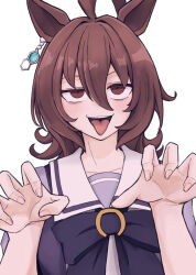 Rule 34 | 1girl, agnes tachyon (umamusume), ahoge, animal ears, bow, breasts, brown hair, claw pose, commentary request, earrings, hair between eyes, highres, horse ears, horse girl, jewelry, medium breasts, miya nns35, open mouth, purple bow, purple shirt, red eyes, sailor collar, shirt, short hair, short sleeves, simple background, single earring, solo, summer uniform, teeth, tongue, tongue out, umamusume, upper body, upper teeth only, white background