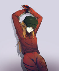 1girl absurdres against_wall angry arms_up blue_eyes bodysuit bodysuit_under_clothes cape eyepatch grey_hair highres jacket long_hair mecha_pilot_suit neon_genesis_evangelion orange_hair plugsuit_(evangelion) red_bodysuit rejakyee solo souryuu_asuka_langley standing thigh_gap very_long_hair