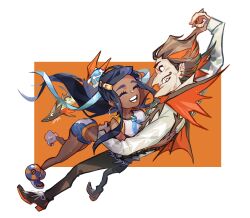 1boy 1girl ^_^ absurdres barraskewda blue_hair blush closed_eyes commentary_request dancing dark-skinned_female dark_skin earrings facial_hair from_above full_body gen_8_pokemon highres hoop_earrings humanization jewelry mustache nessa_(pokemon) nintendo orange_background pokemon pokemon_(creature) pokemon_swsh shirt sidelocks simple_background sionagasu smile white_shirt
