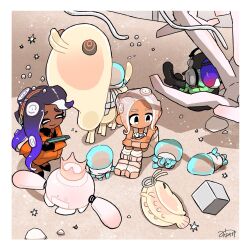 3girls agent_8_(splatoon) baseball_cap black_eyes black_footwear black_gloves black_hat blonde_hair blue_hair bodysuit boots border brown_hair closed_eyes closed_mouth colored_skin commentary_request creature crossed_arms dark-skinned_female dark_skin dedf1sh deformed detached_sleeves drone fingerless_gloves full_body furrowed_brow gloves gradient_hair green_skin grey_hair hand_on_own_cheek hand_on_own_face hat head_rest headphones headphones_over_headwear highres in_tree jacket jellyfish_(splatoon) lace-up_boots long_hair marina_(damp_socks_feat._off_the_hook)_(splatoon) marina_(splatoon) medium_hair minawake_(azuma-m) multicolored_hair multiple_girls nintendo no_nose non-humanoid_robot octoling open_clothes open_jacket orange_jacket orange_pants pants parted_bangs pearl_(splatoon) pearl_drone_(splatoon) red_hair robot sanitized_(splatoon) see-through_clothes see-through_sleeves signature single_detached_sleeve sitting sleeveless sleeveless_bodysuit smile socks splatoon_(series) splatoon_3 splatoon_3:_side_order squatting tentacle_hair tree two-tone_hair white_bodysuit white_border white_footwear white_socks