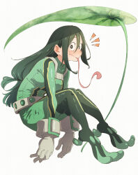 Rule 34 | 1girl, asui tsuyu, black eyes, blush, bodysuit, boku no hero academia, closed mouth, commentary request, eitopondo, frog girl, from side, full body, gloves, green bodysuit, green hair, hair between eyes, hair rings, highres, leaf, long hair, long tongue, looking at viewer, low-tied long hair, notice lines, simple background, smile, solo, superhero costume, tongue, tongue out, white background, white gloves
