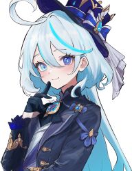 1girl ahoge artist_name ascot black_ascot black_gloves black_jacket blue_eyes blue_hair blue_hat blush bow closed_mouth furina_(genshin_impact) genshin_impact gloves hair_between_eyes hat hat_bow heterochromia highres jacket jewelry ouji_fashion lolita_fashion long_hair multicolored_hair ribbon smile solo streaked_hair top_hat two-tone_bow upper_body white_hair white_ribbon y_uunaa