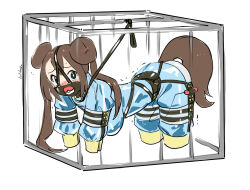 1girl all_fours amputee anal_beads anal_tail bdsm bitchsuit blush brown_hair butt_plug cage collar donut_hair_bun double_bun eudetenis fake_tail forced_orgasm full_body gag hair_bun highres leash long_hair looking_at_viewer nintendo panel_gag pet_play pokemon pokemon_bw2 quadruple_amputee remote_control_vibrator restrained rosa_(pokemon) sex_toy tagme tail twintails vibrator white_background