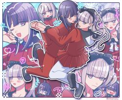 1boy 1girl alternate_hair_color black_bow black_hairband black_headband black_shoes blush border bow brother_and_sister chibi closed_eyes closed_mouth dancing full_body hair_between_eyes hairband headband heart hetero holding_hands incest long_hair long_sleeves multiple_expressions one_eye_closed open_mouth pants pantyhose pink_eyes pink_hair pleated_skirt purple_hair red_pants red_skirt shoes siblings simple_background skirt smile star_(symbol) the_hundred_line_-last_defense_academy- tsukumo_ima tsukumo_kako turning_head twincest twins twintails white_border white_pantyhose wink
