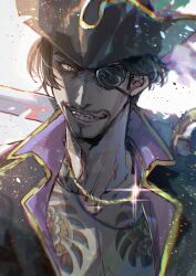1boy black_gloves black_hair coat cutlass eyepatch facial_hair gloves goatee hat highres holding jacket jewelry looking_at_viewer majima_goro male_focus masahiro_eto necklace open_clothes pirate pirate_costume pirate_hat ryuu_ga_gotoku:hawai_no_kaizoku_yakuza ryuu_ga_gotoku_(series) ryuu_ga_gotoku_8_gaiden short_hair smile solo tattoo weapon