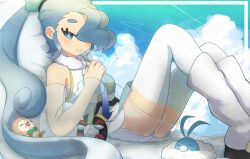Rule 34 | 1girl, 2others, absurdres, bird, blue bird, blue eyes, blue hair, blue sky, breasts, closed eyes, closed mouth, cloud, cloudy sky, detached sleeves, feet out of frame, flying miku (project voltage), gen 3 pokemon, gen 7 pokemon, hair over one eye, hatsune miku, highres, long hair, long sleeves, looking at viewer, medium breasts, multiple others, nintendo, official alternate costume, official alternate hairstyle, open mouth, owl, pokemon, project voltage, rowlet, saliva, saliva trail, see-through clothes, see-through skirt, see-through sleeves, shirt, shonasan, skirt, sky, sleeping, sleeveless, sleeveless shirt, socks, swablu, thighhighs, twintails, very long hair, vocaloid, white shirt, white socks, white thighhighs