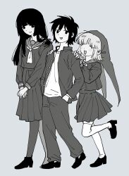 1boy 2girls 97ttwwaazz avalona bug commentary english_commentary full_body gakuran grey_background greyscale hands_in_pockets hands_on_another&#039;s_shoulders highres jacket looking_at_viewer monochrome multiple_girls open_clothes open_jacket randal&#039;s_friends school_uniform serafuku simple_background spider spider_girl_(randal&#039;s_friends) standing standing_on_one_leg tsukada_satoru walking