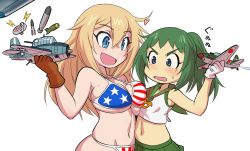 10s 2girls airplane american_flag american_flag_bikini american_flag_print armpits asymmetrical_docking bikini blonde_hair blue_eyes blush bomb breast_awe breast_envy breast_press breasts character_request chibi crop_top curvy explosive female_focus flag_print furrowed_brow girls_und_panzer gloves gluteal_fold green_hair hair_between_eyes happy heart holding japanese_text jewelry kay_(girls_und_panzer) large_breasts lightning_bolt_symbol long_hair looking_at_another looking_at_breasts looking_down midriff mikoyan military_vehicle model_airplane multiple_girls navel necklace open_mouth personification ponytail print_bikini propeller_fighter satellite_dish shiny_skin simple_background skindentation skirt small_breasts smile standing stomach sweatdrop swimsuit tareme toy_airplane underwear united_states upper_body v-shaped_eyebrows vehicle_and_personification white_background