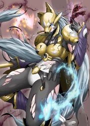 1girl armor black_bodysuit blue_eyes bodysuit broken_arm broken_mask cowboy_shot cracked_mask digimon digimon_(creature) digimon_tamers electricity embers energy fire fox_mask gold_armor grey_hair highres holding long_hair mask ofuda sakuyamon sawa_d solo talisman torn_bodysuit torn_clothes very_long_hair yin_yang