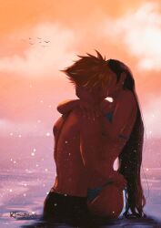 1boy 1girl arms_around_neck artist_name bikini bird black_hair blonde_hair blue_bikini cloud cloud_strife cloudy_sky commentary couple cowboy_shot earrings english_commentary final_fantasy final_fantasy_vii hand_on_another&#039;s_head hand_on_another&#039;s_hip hand_on_another&#039;s_shoulder hug jewelry kiss lady_ktea long_hair male_swimwear ocean orange_sky outdoors partially_submerged single_earring sky spiked_hair summer sunset swim_trunks swimsuit teardrop_earrings tifa_lockhart topless_male twitter_username very_long_hair white_nails