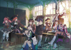 arisugawa_natsuha blonde_hair blue_eyes chalkboard classroom houkago_climax_girls_(idolmaster) idolmaster idolmaster_shiny_colors izumi_mei komiya_kaho mayuzumi_fuyuko morino_rinze multiple_girls official_art plant red_eyes red_hair saijo_juri serizawa_asahi sonoda_chiyoko straylight_(idolmaster)